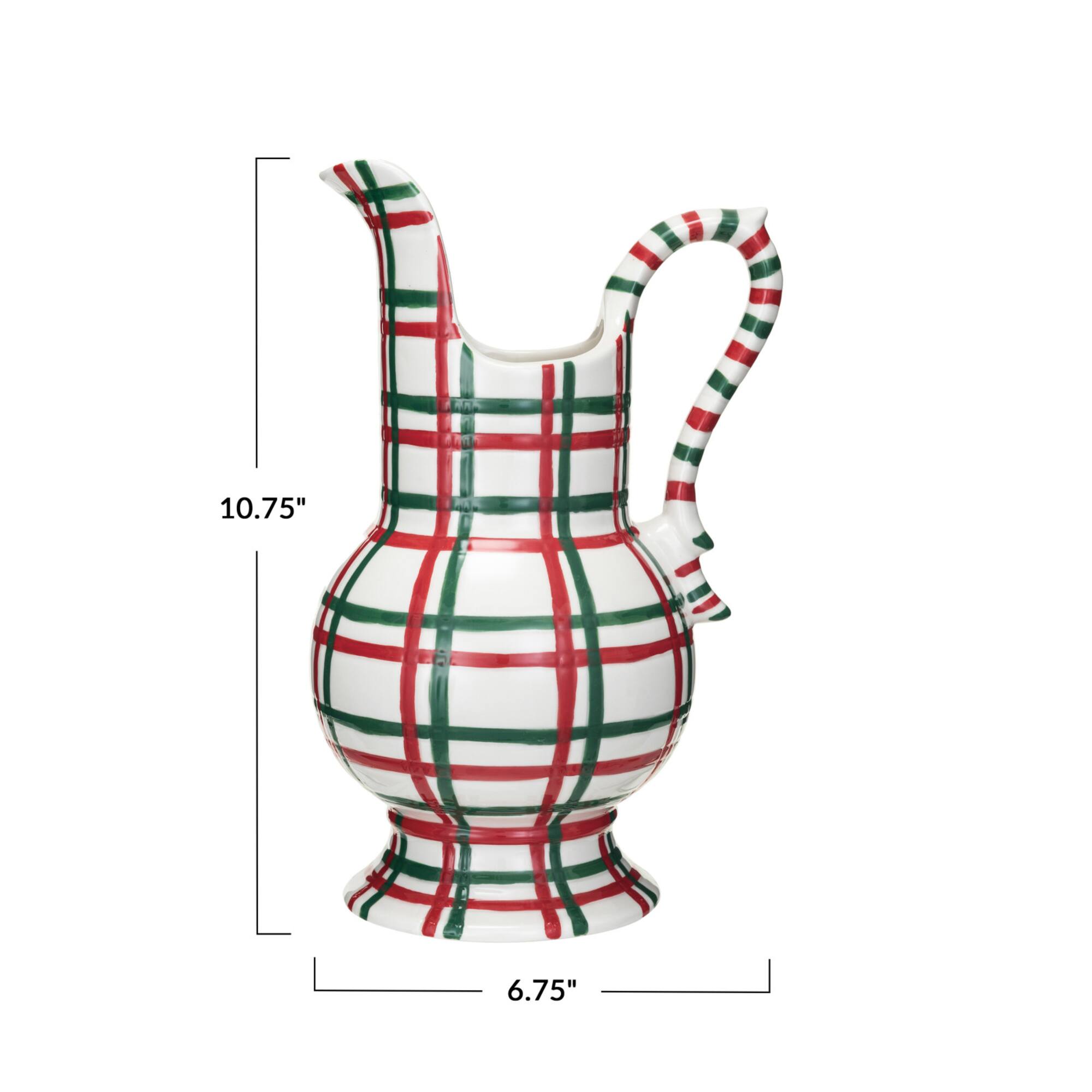 Hello Honey® 2qt. Red, Green & White Plaid Hand-Painted Stoneware Pitcher